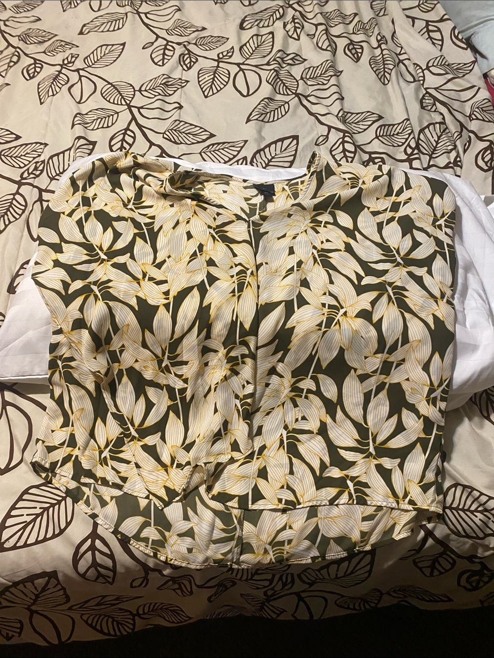 American Apparel Olive Green Leaf Print Short Sleeve Blouse